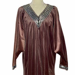 Vintage 60s Kaftan House Dress Caftan M Purple Velvet Sequins Lounge Union Tag